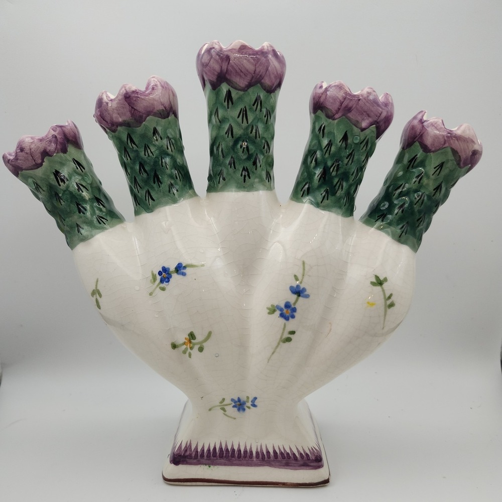 VTG MMA Portugal Ceramic 5 Finger Tulip Vase Tulipiere Hand Painted Purple Green